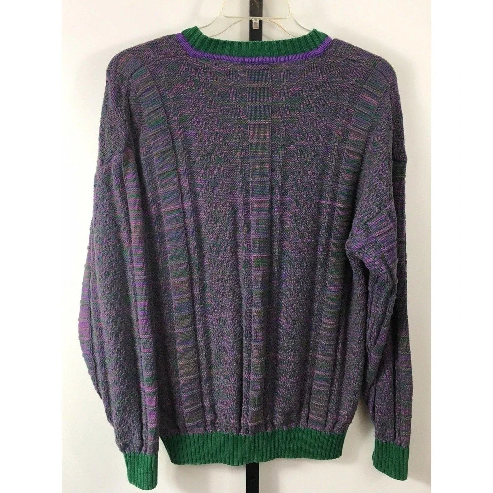 Vintage 90s V Neck‎ Sweater Mens XL Green Purple Marled 100% Cotton Heavy Weight